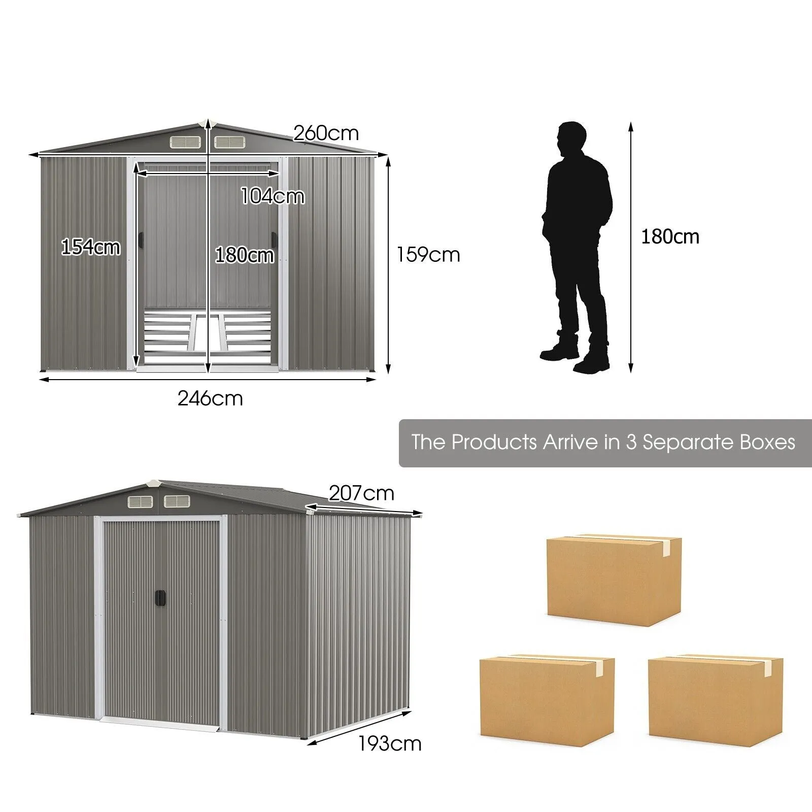 260 CM x 207 CM Outdoor Storage Shed, Weather-resistant Utility Tool Organizer w/Foundation, 4 Louvers, Double Doors & Ramp, Galvanized Steel Tool Shed for Garden, Lawn, Yard, Light/Dark Grey