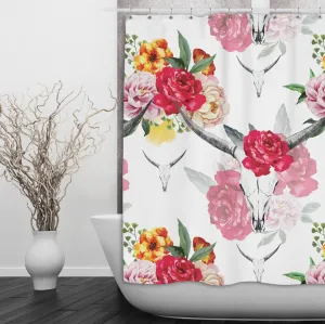 Bull Skull and Spring Flower Shower Curtains and Optional Bath Mats