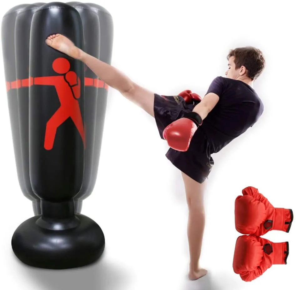 HANDSONIC Inflatable Boxing Punching Bag, Fitness Punching Bag for Kids/Adult, Vertical Boxing Column Tumbler Sandbags Practice Karate Training Taekwondo Equipment -with Boxing Gloves(63")