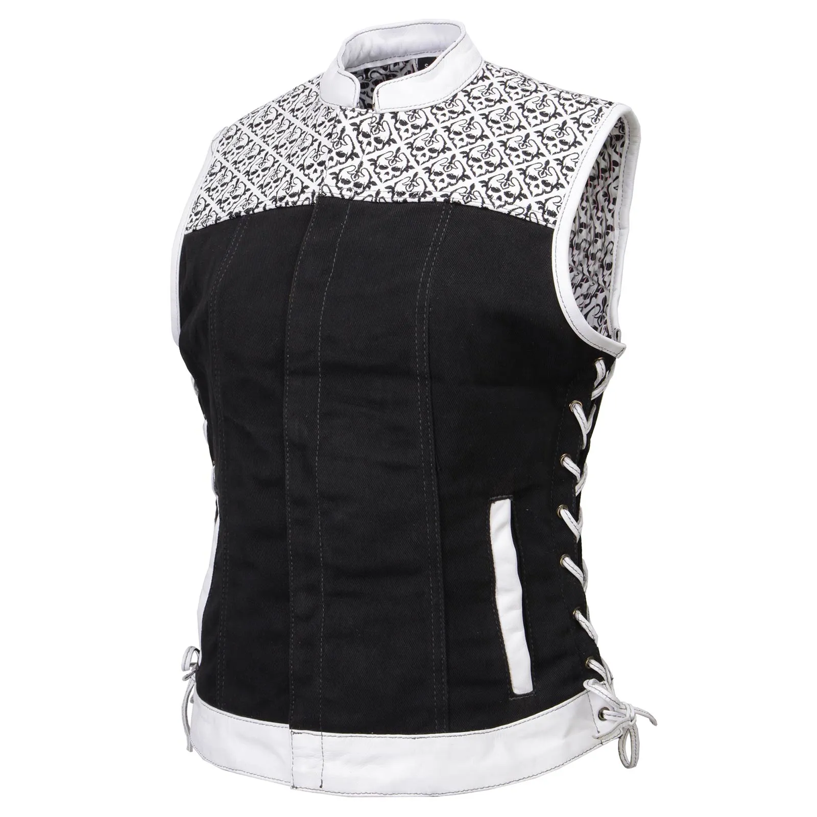 Milwaukee Leather MDL4050 Women's 'Skelly' Black with White Motorcycle Denim Vest w/ Skull Embroidery