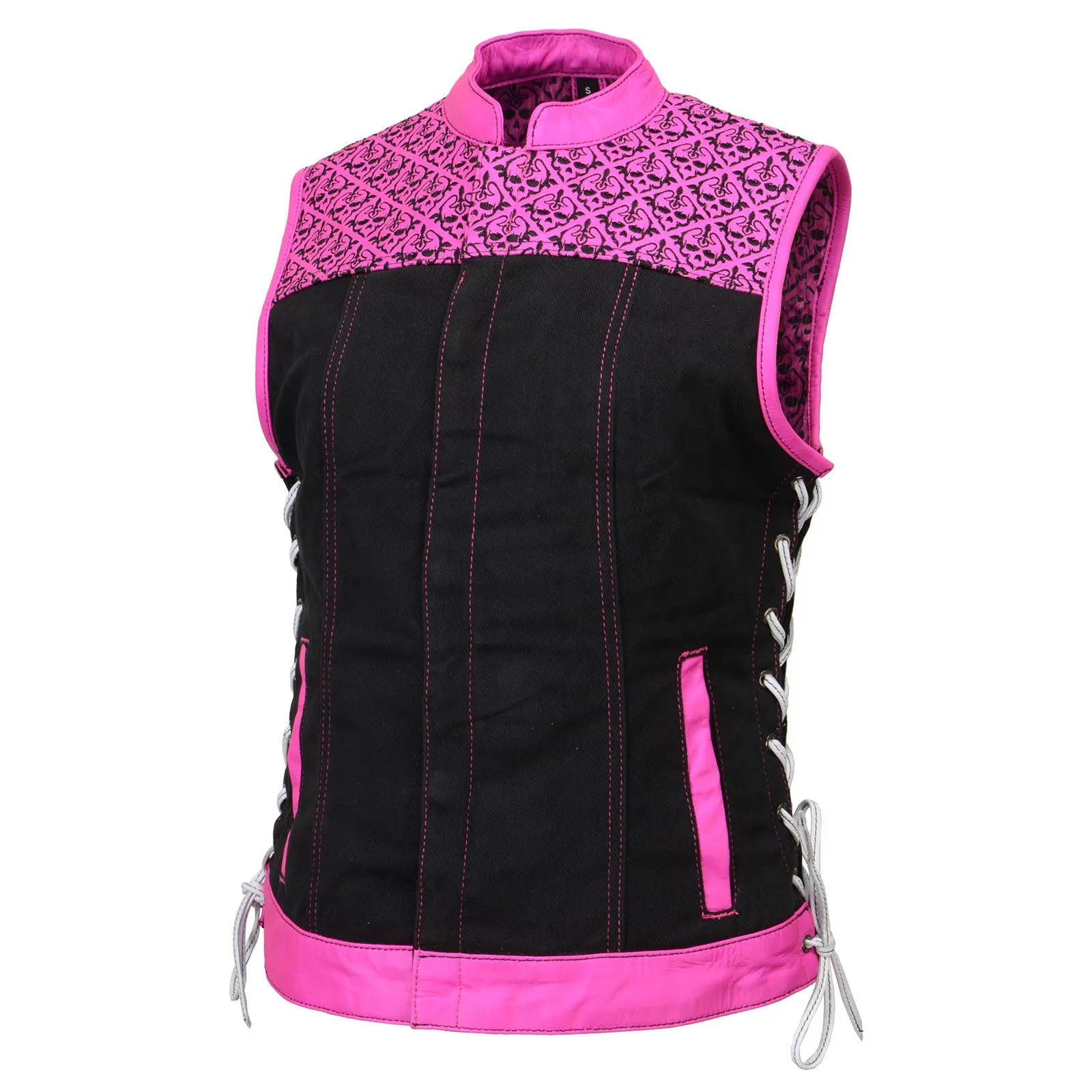 Milwaukee Leather MDL4051 Women's 'Skelly' Black with Pink Motorcycle Denim Vest w/ Skull Embroidery