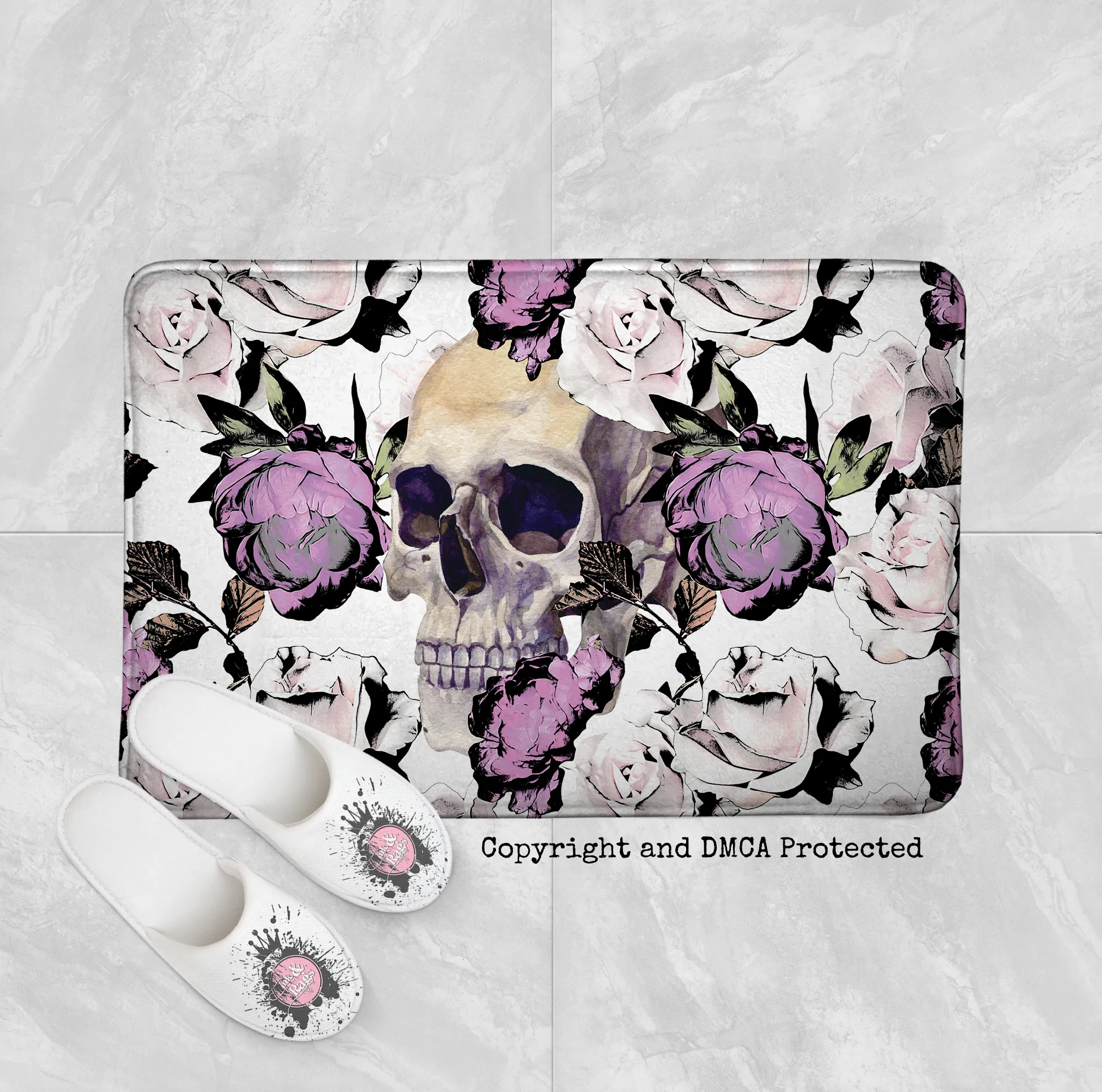 Purple Roses with Peeking Skull Shower Curtains and Optional Bath Mats