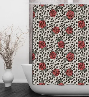 Rockabilly Rose and Leopard Shower Curtains and Optional Bath Mats