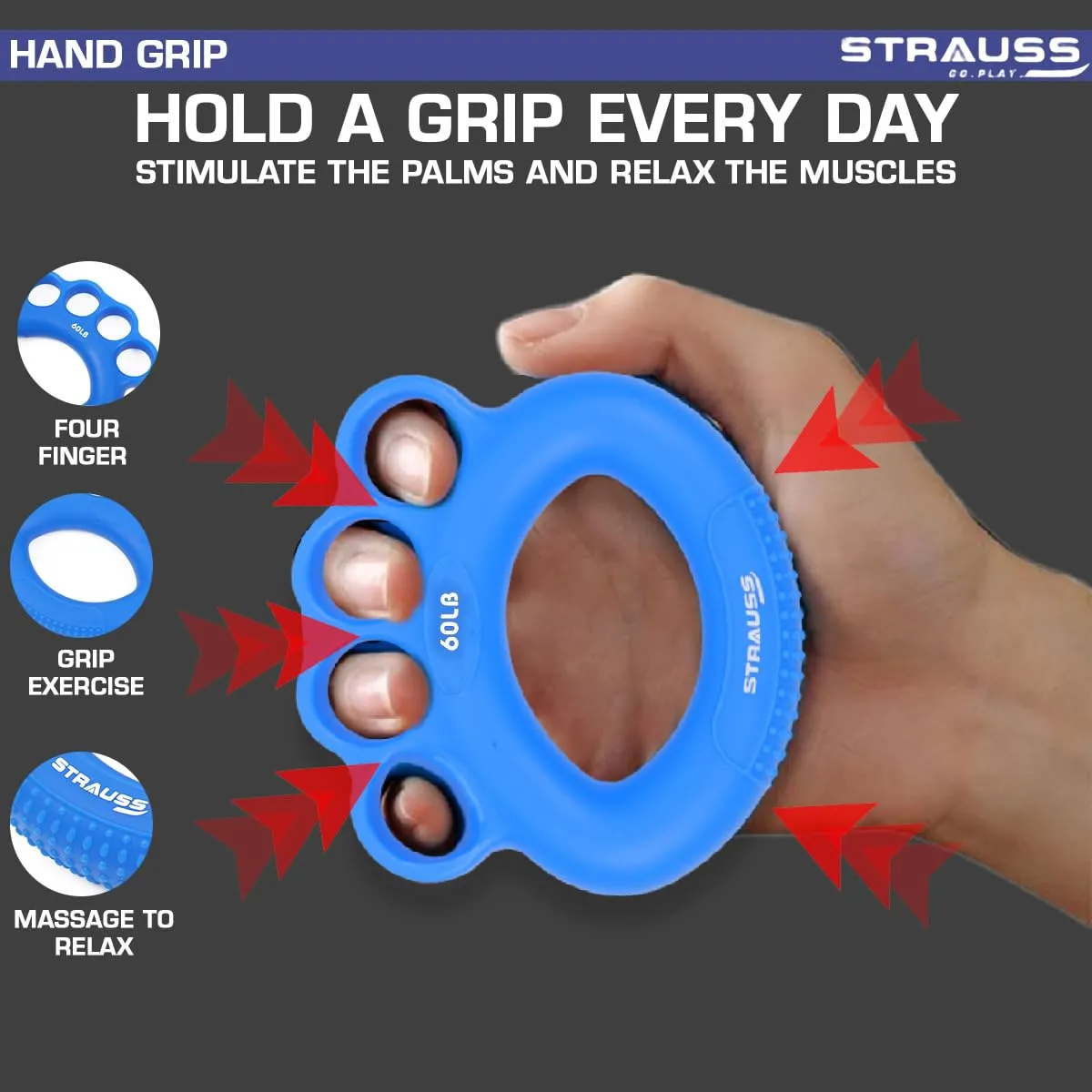 Strauss Adjustable Finger and Hand Exerciser | Finger&Palm Gripper | Hand Strengthener for Carpal Tunnel Relief and Grip Strength for Men & Women, (Navy Blue)