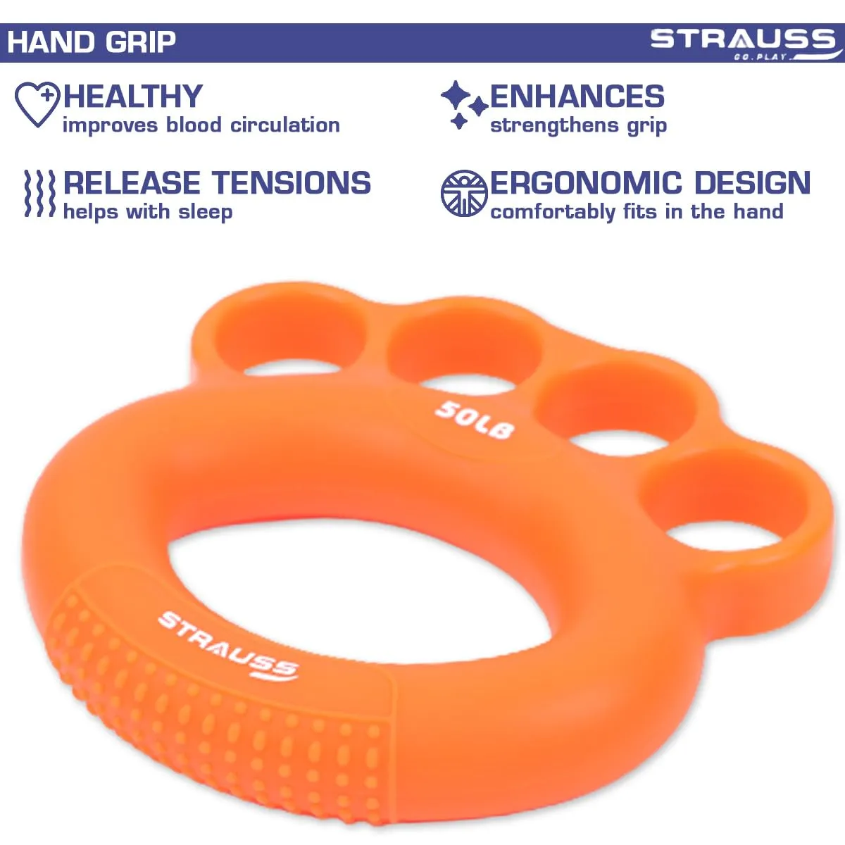 Strauss Adjustable Finger and Hand Exerciser | Finger&Palm Gripper | Hand Strengthener for Carpal Tunnel Relief and Grip Strength for Men & Women, (Orange)