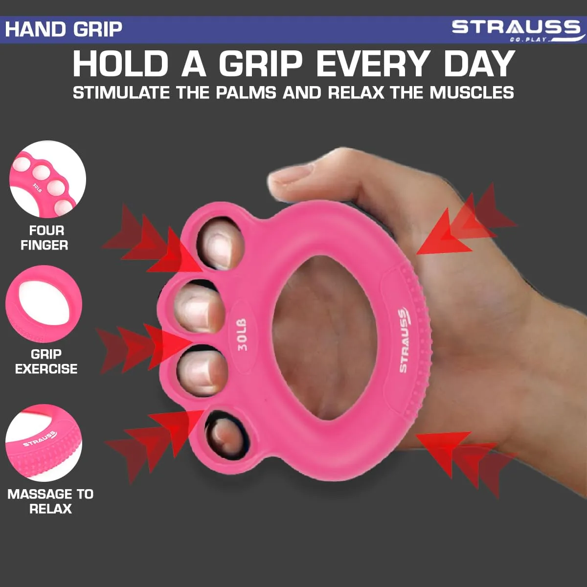 Strauss Adjustable Finger and Hand Exerciser | Finger&Palm Gripper | Hand Strengthener for Carpal Tunnel Relief and Grip Strength for Men & Women, (Pink)