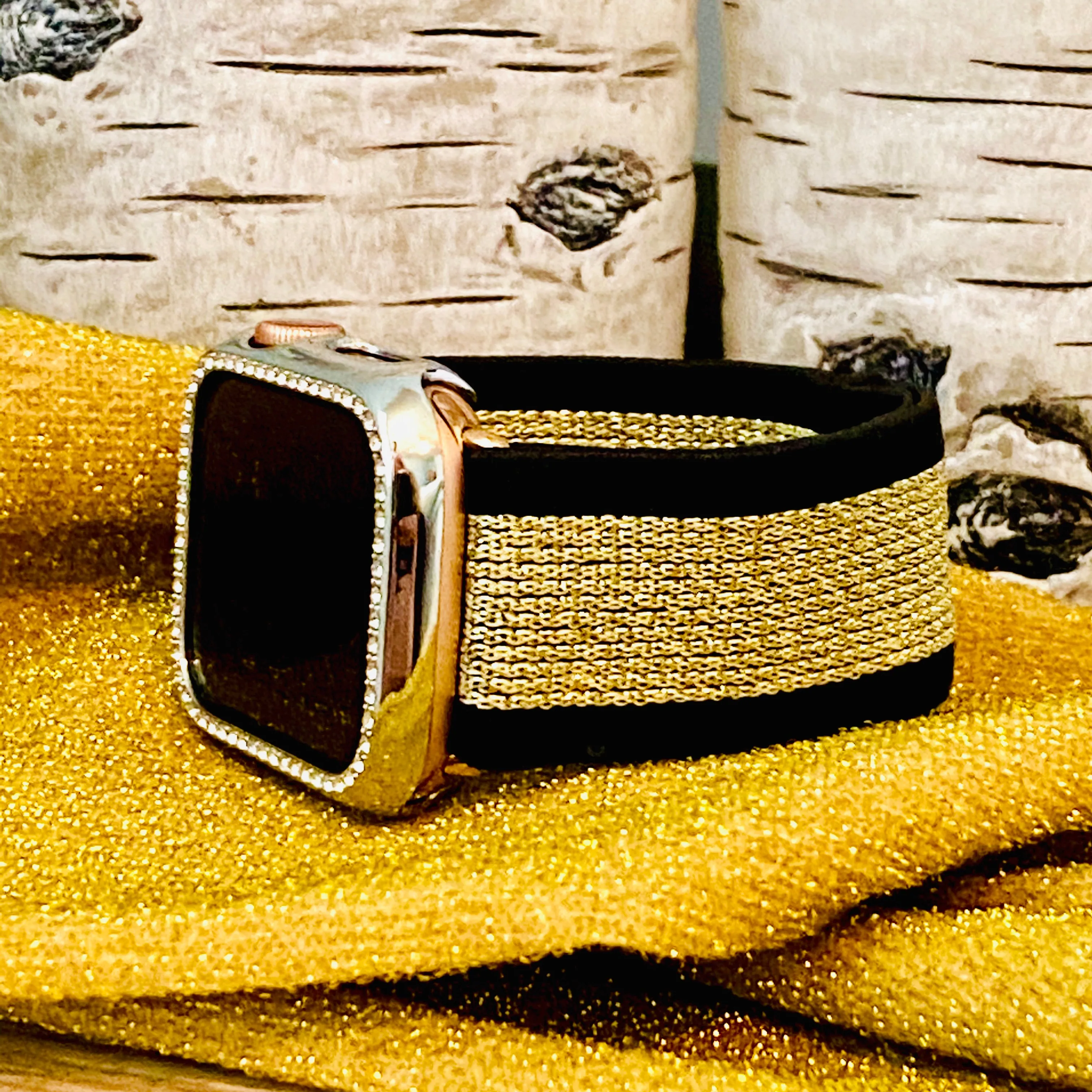 Stretchable Elastic Shimmering Gold Print Band For Apple Watch