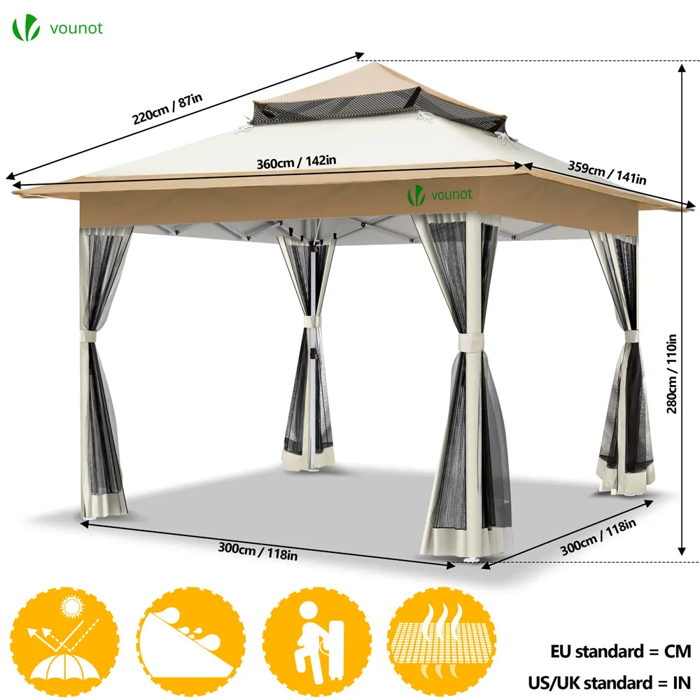 VOUNOT 3.6x3.6m Pop Up Gazebo with Mesh Side Double Roof Marquee Party Tent, Beige