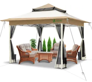 VOUNOT 3.6x3.6m Pop Up Gazebo with Mesh Side Double Roof Marquee Party Tent, Beige