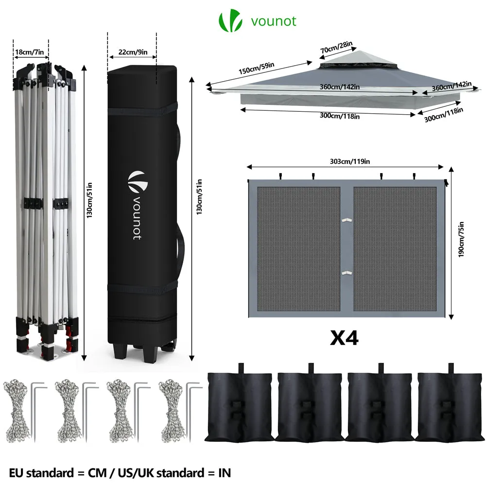 VOUNOT 3.6x3.6m Pop Up Gazebo with Mesh Side Double Roof Marquee Party Tent, Grey