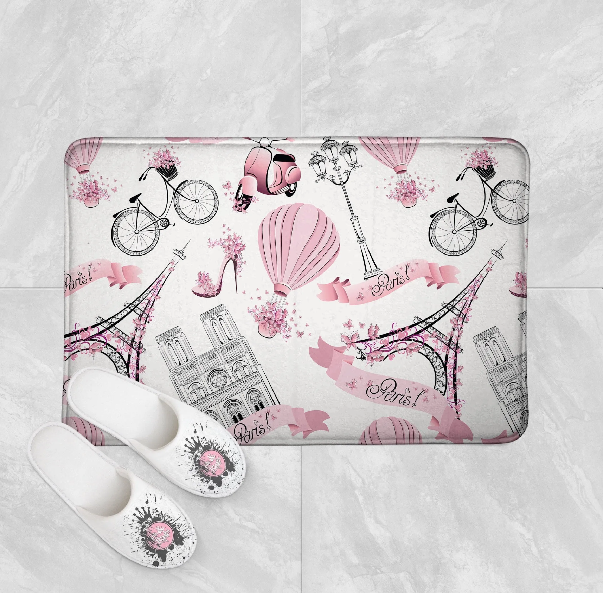 Whimsy in Paris Pink Shower Curtains and Optional Bath Mats